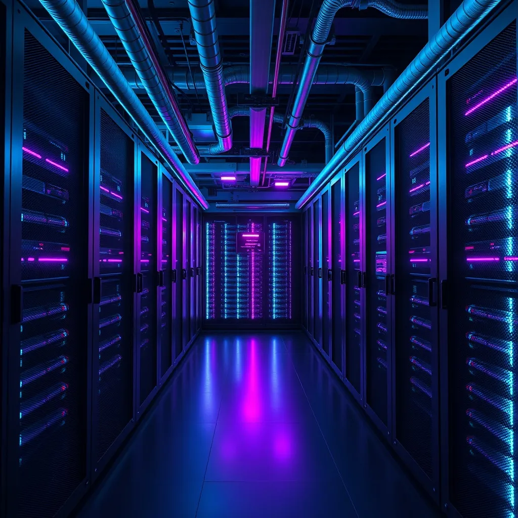 High-tech server room with dark racks, cyan and violet LED l
