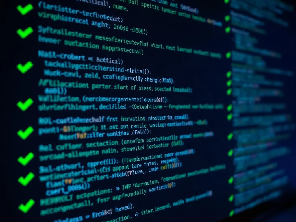 Abstract code validation visual, glowing JSON syntax on dark