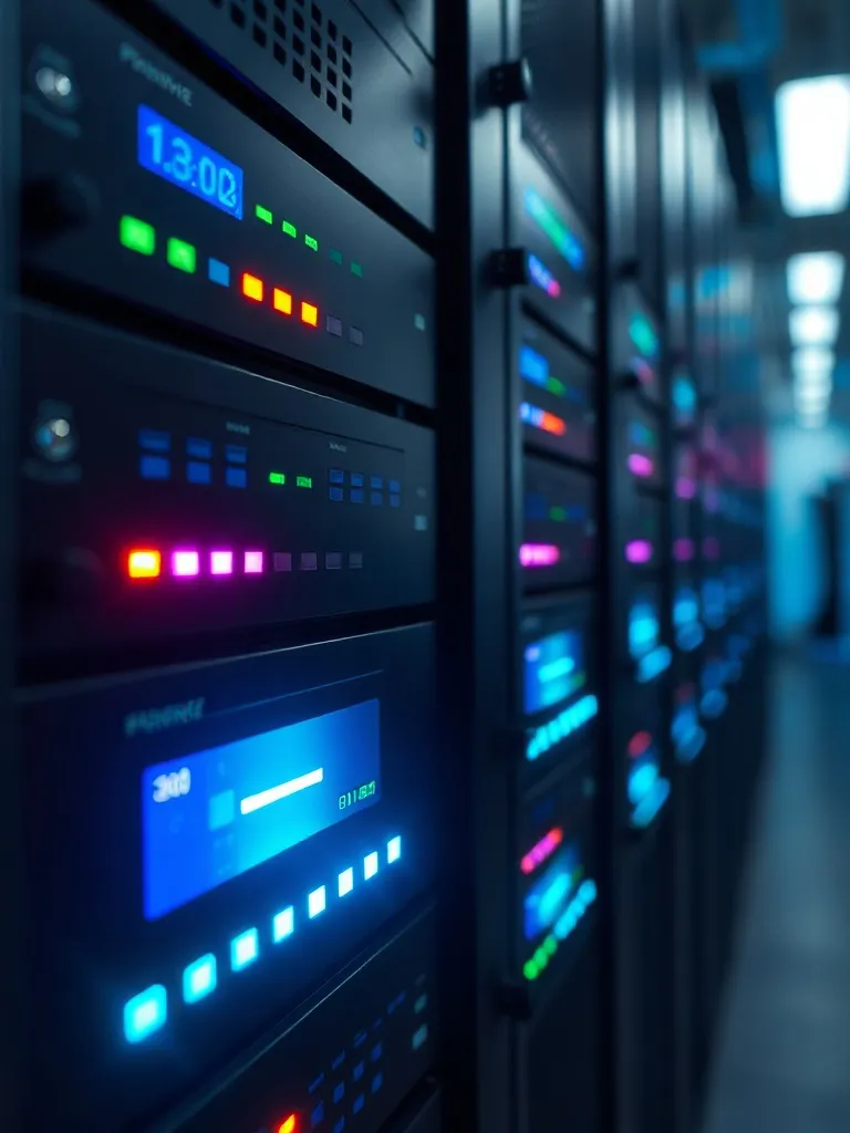 Close-up of high-tech server rack with glowing cyan and viol