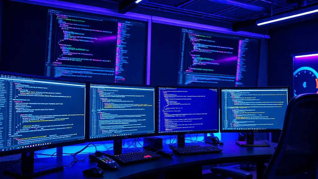 Professional workspace with code on multiple monitors, termi