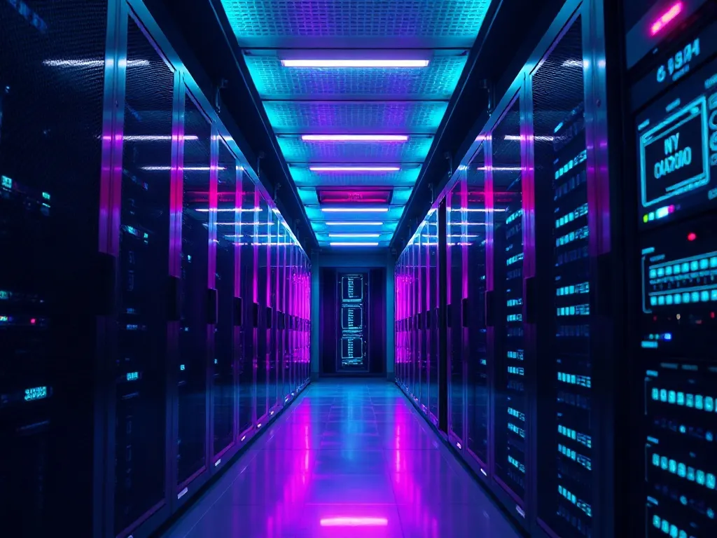 High-tech server room with glowing cyan and violet LED light