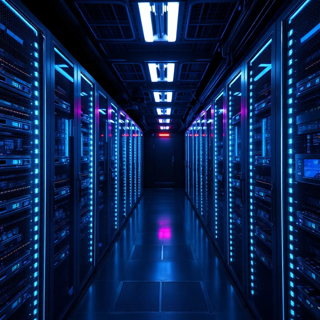 High-tech server room with glowing blue and violet lights, f